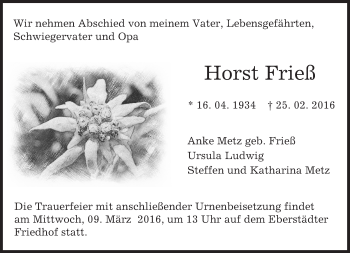 Traueranzeige von Horst Frieß von trauer.echo-online.de