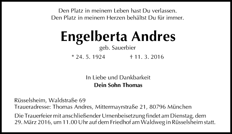  Traueranzeige für Engelberta Andres vom 19.03.2016 aus trauer.echo-online.de