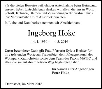 Traueranzeige von Ingeborg Hoke von trauer.echo-online.de