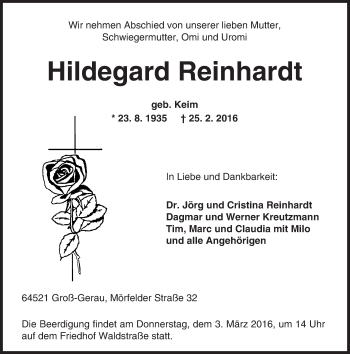 Traueranzeige von Hildegard Reinhardt von trauer.echo-online.de