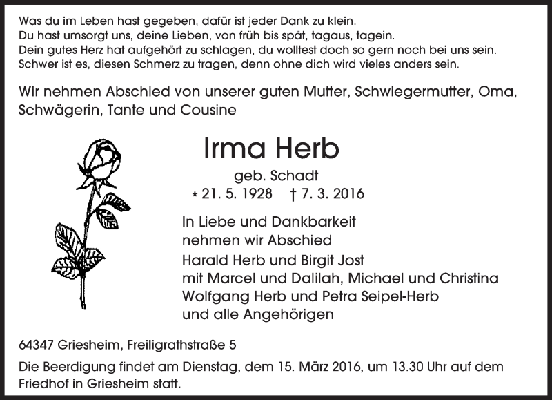  Traueranzeige für Irma Herb vom 12.03.2016 aus trauer.echo-online.de