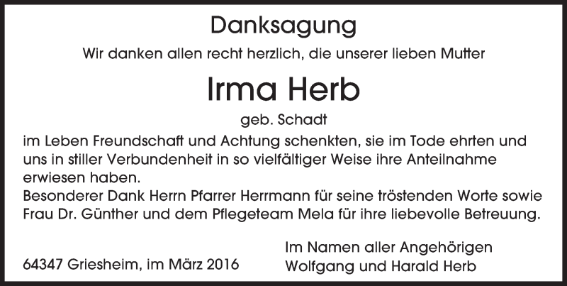  Traueranzeige für Irma Herb vom 24.03.2016 aus trauer.echo-online.de