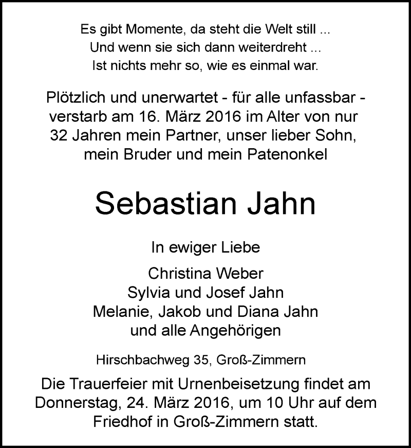  Traueranzeige für Sebastian Jahn vom 22.03.2016 aus trauer.echo-online.de