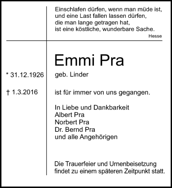 Traueranzeige von Emmi Pra von trauer.echo-online.de