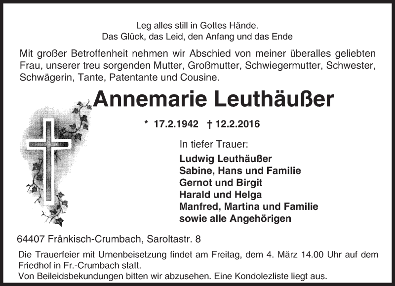  Traueranzeige für Annemarie Leuthäußer vom 02.03.2016 aus trauer.echo-online.de
