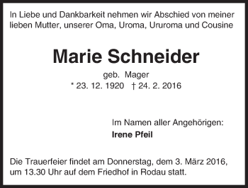 Traueranzeige von Marie Schneider von trauer.echo-online.de