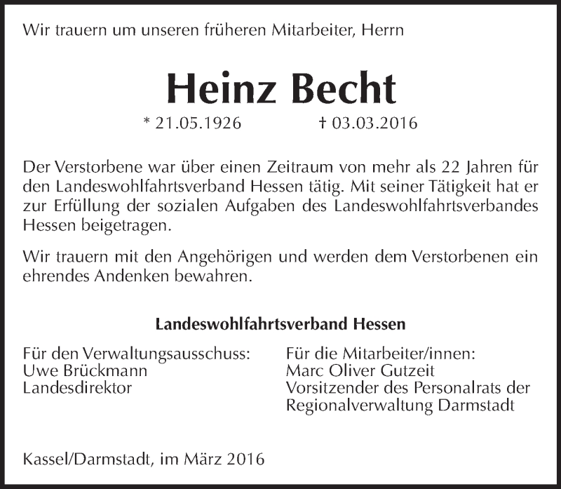  Traueranzeige für Heinz Becht vom 19.03.2016 aus trauer.echo-online.de