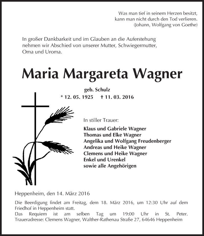  Traueranzeige für Maria Margareta Wagner vom 15.03.2016 aus trauer.echo-online.de