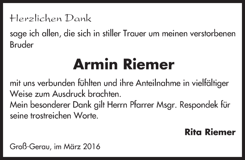  Traueranzeige für Armin Riemer vom 19.03.2016 aus trauer.echo-online.de
