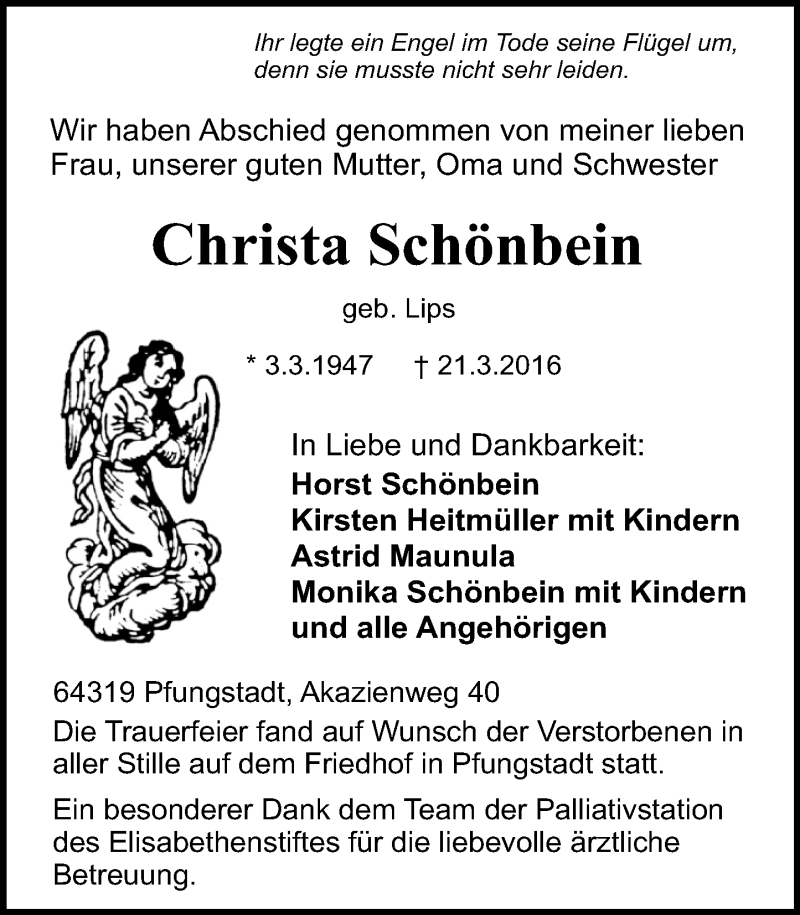  Traueranzeige für Christa Schönbein vom 26.03.2016 aus trauer.echo-online.de