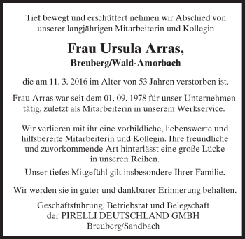 Traueranzeige von Ursula Arras von trauer.echo-online.de