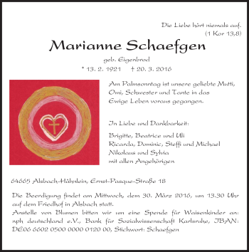 Traueranzeige von Marianne Schaefgen von trauer.echo-online.de