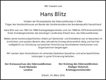 Traueranzeige von Hans Blitz von trauer.echo-online.de