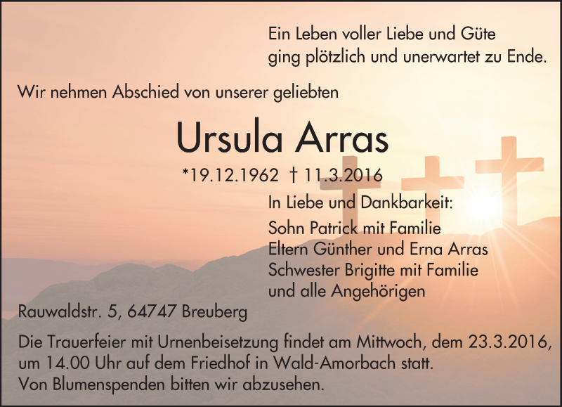  Traueranzeige für Ursula Arras vom 21.03.2016 aus trauer.echo-online.de