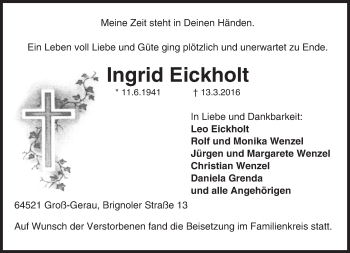 Traueranzeige von Ingrid Eickholt von trauer.echo-online.de