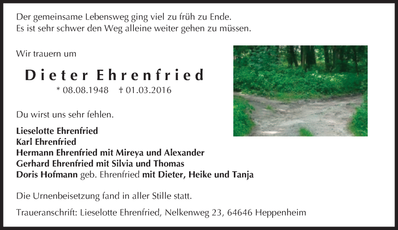  Traueranzeige für Dieter Ehrenfried vom 15.03.2016 aus trauer.echo-online.de
