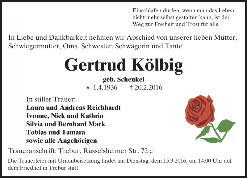  Traueranzeige für Gertrud Kölbig vom 11.03.2016 aus trauer.echo-online.de