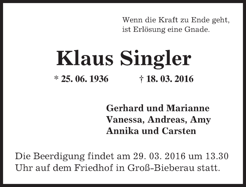  Traueranzeige für Klaus Singler vom 26.03.2016 aus trauer.echo-online.de