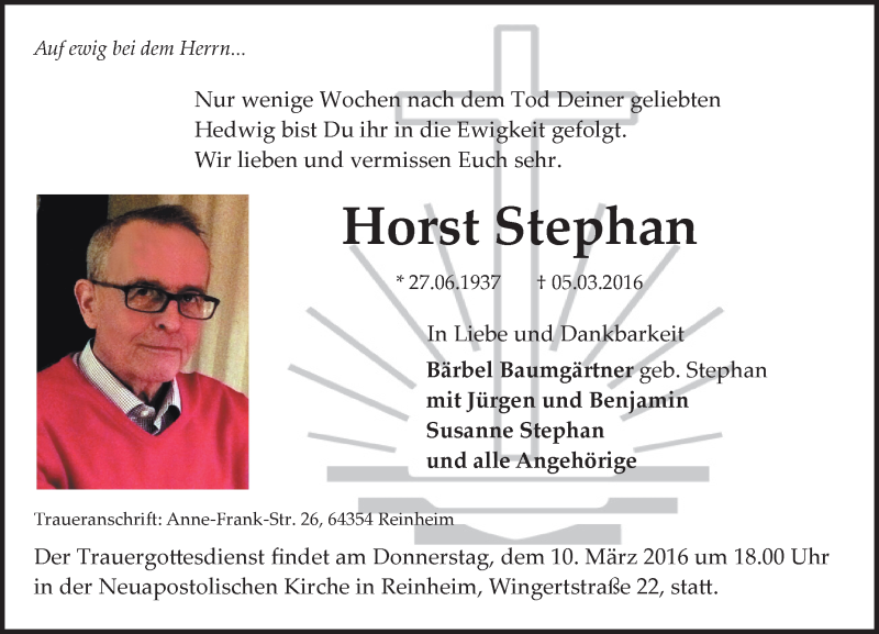  Traueranzeige für Horst Stephan vom 08.03.2016 aus trauer.echo-online.de