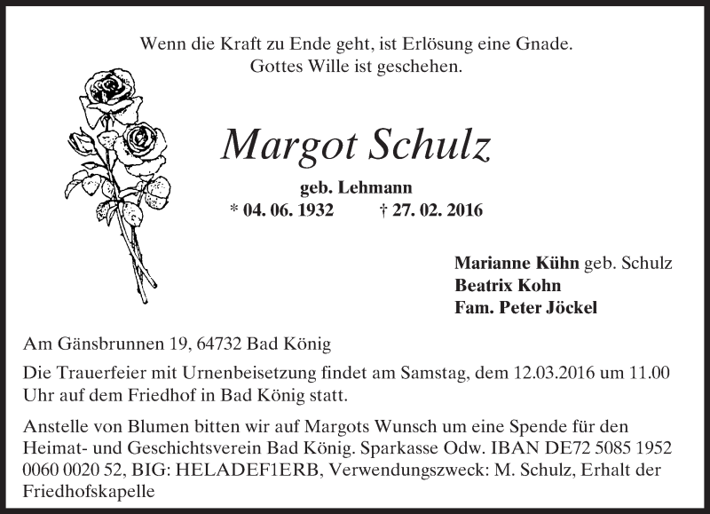  Traueranzeige für Margot Schulz vom 09.03.2016 aus trauer.echo-online.de