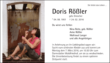 Traueranzeige von Doris Rößler von trauer.echo-online.de