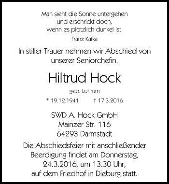 Traueranzeige von Hiltrud Hock von trauer.echo-online.de