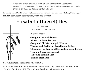 Traueranzeige von Elisabeth Best von trauer.echo-online.de