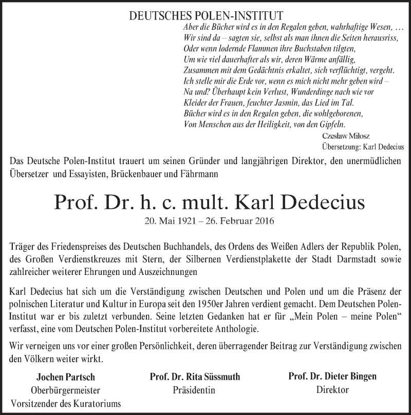  Traueranzeige für Karl Dedecius vom 05.03.2016 aus trauer.echo-online.de