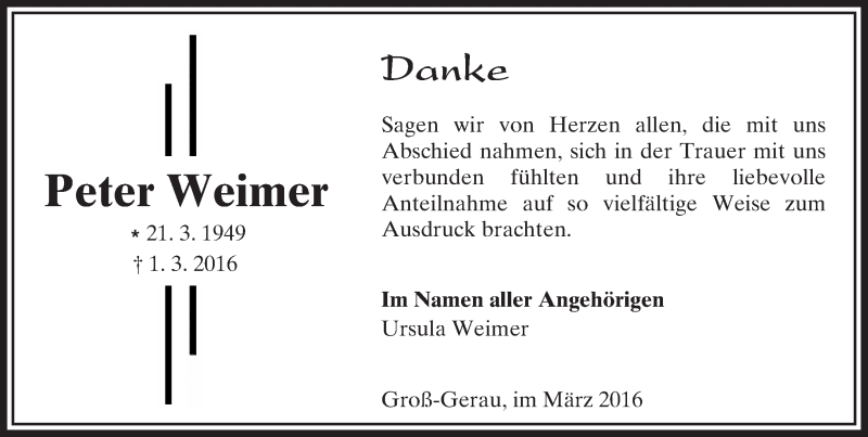  Traueranzeige für Peter Weimer vom 26.03.2016 aus trauer.echo-online.de