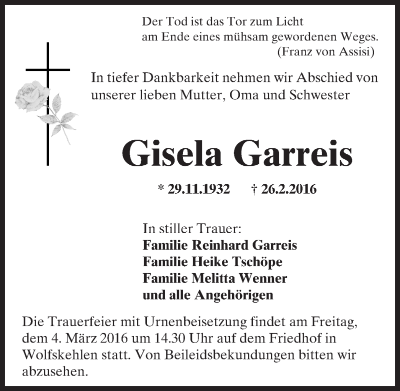 Traueranzeige für Gisela Garreis vom 02.03.2016 aus trauer.echo-online.de