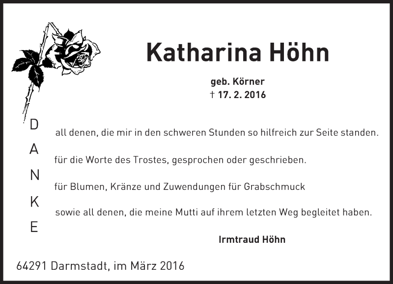  Traueranzeige für Katharina Höhn vom 05.03.2016 aus trauer.echo-online.de