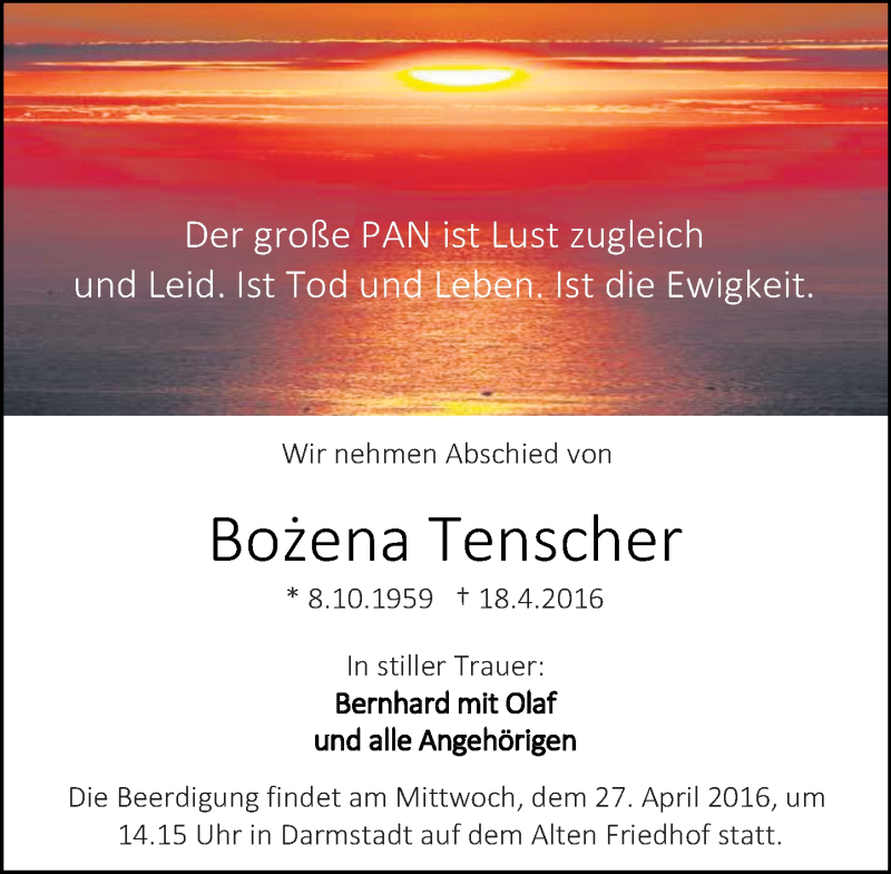  Traueranzeige für Bozena Tenscher vom 23.04.2016 aus trauer.echo-online.de