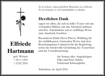 Traueranzeige von Elfriede Hartmann von  Usinger Anzeiger