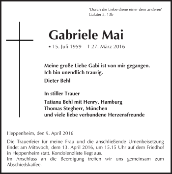 Traueranzeige von Gabriele Mai von trauer.echo-online.de