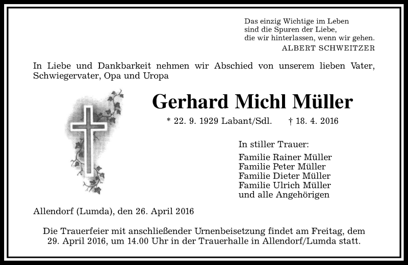  Traueranzeige für Gerhard Michl Müller vom 26.04.2016 aus  Gießener Anzeiger