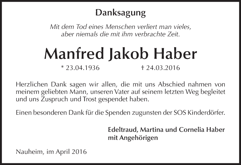  Traueranzeige für Manfred Jakob Haber vom 09.04.2016 aus trauer.echo-online.de