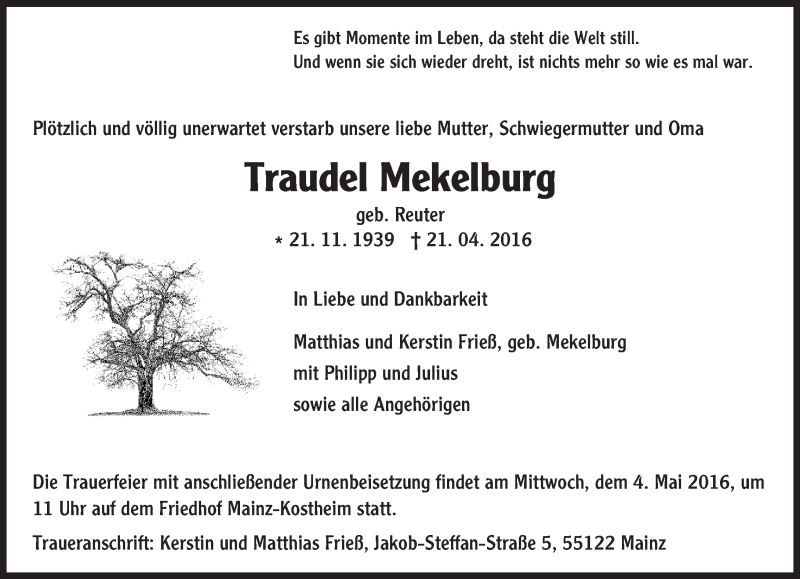  Traueranzeige für Traudel Mekelburg vom 30.04.2016 aus  Allgemeine Zeitung Mainz