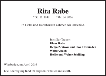 Traueranzeige von Rita Rabe von  Wiesbaden komplett
