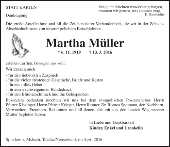Traueranzeige von Martha Müller von  Allgemeine Zeitung Alzey