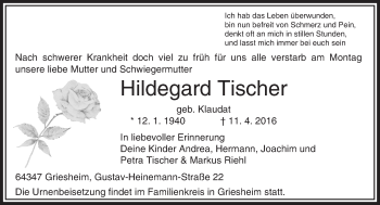Traueranzeige von Hildegard Tischer von trauer.echo-online.de