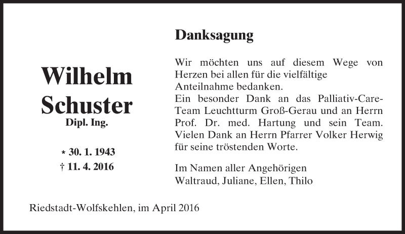  Traueranzeige für Wilhelm Schuster vom 27.04.2016 aus Trauerportal Echo Online