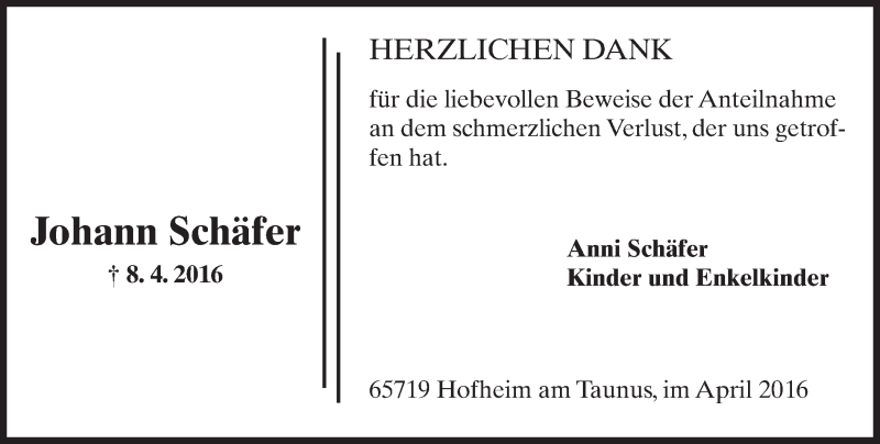  Traueranzeige für Johann Schäfer vom 29.04.2016 aus  Hofheimer Zeitung