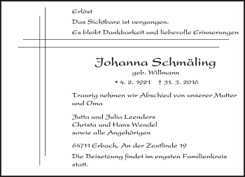 Traueranzeige von Johanna Schmäling von trauer.echo-online.de