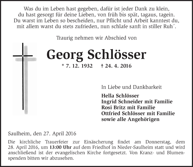  Traueranzeige für Georg Schlösser vom 27.04.2016 aus  Allgemeine Zeitung Alzey