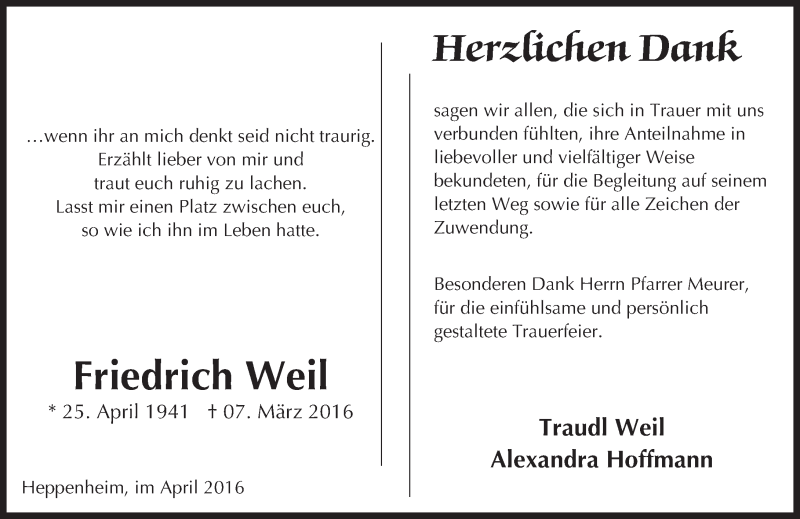  Traueranzeige für Friedrich Weil vom 09.04.2016 aus trauer.echo-online.de