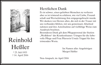 Traueranzeige von Reinhold Heßler von  Usinger Anzeiger
