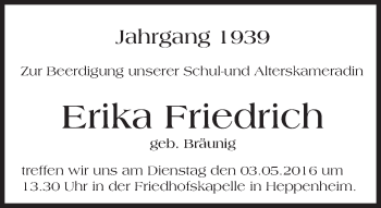 Traueranzeige von Erika Friedrich von Trauerportal Echo Online