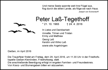 Traueranzeige von Peter Laß-Tegethoff von  Gießener Anzeiger