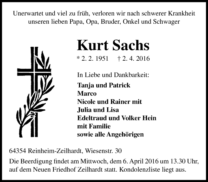 Traueranzeige für Kurt Sachs vom 04.04.2016 aus trauer.echo-online.de