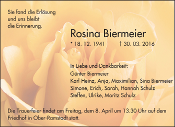 Traueranzeige von Rosina Biermeier von trauer.echo-online.de